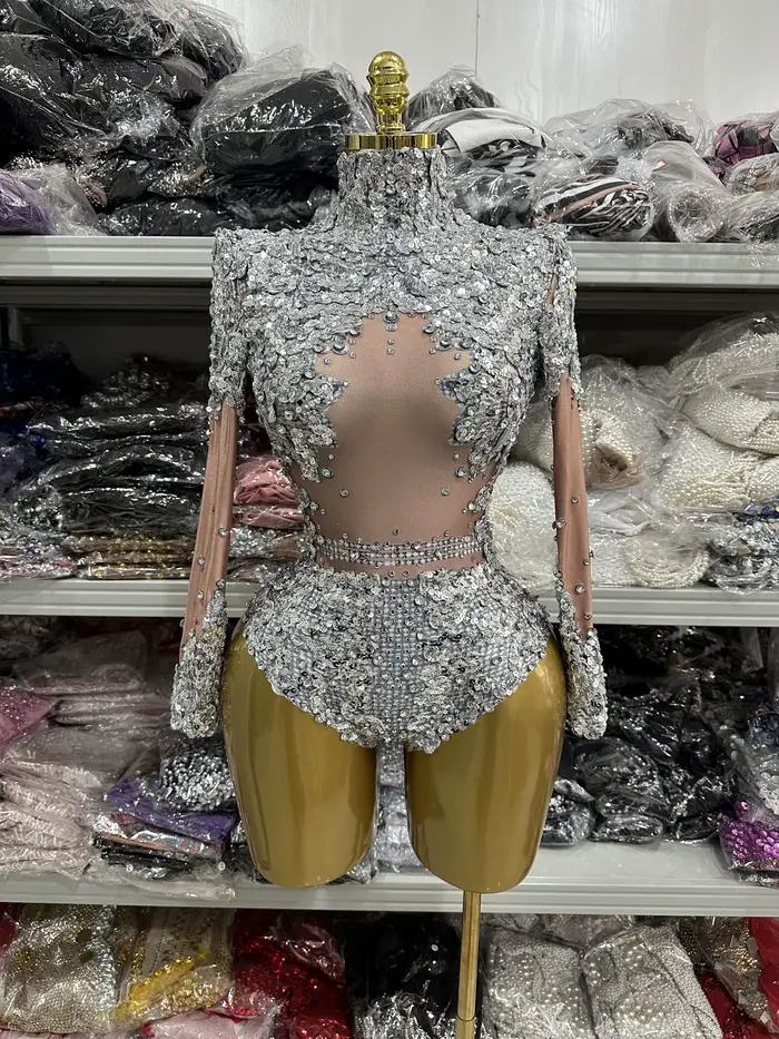 Body moulant à manches longues pour femmes, argent doré, paillettes brillantes, haute élasticité, da