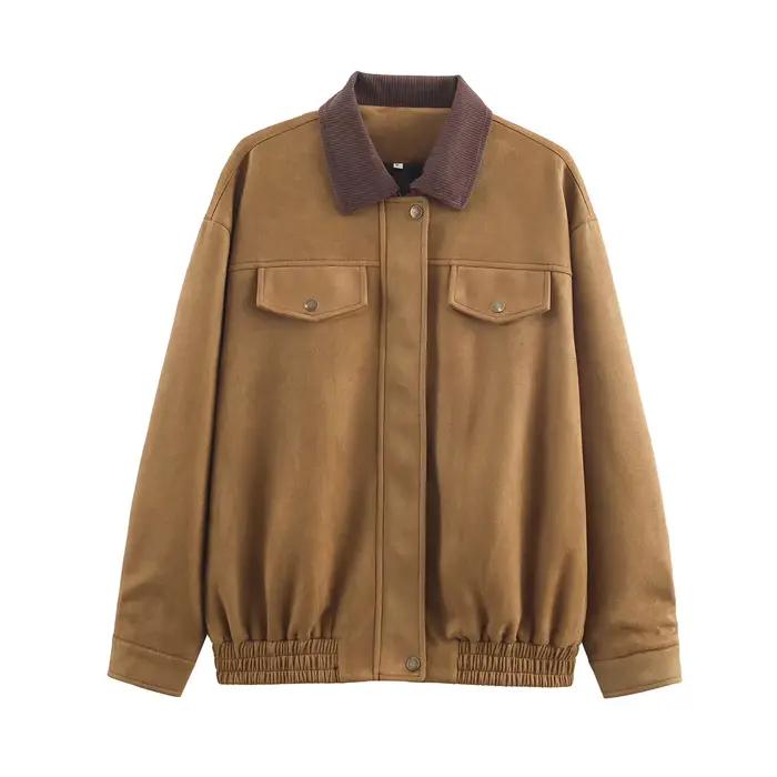 Veste en daim à revers simple pour femme HH, mode hiver 2025, avec poche décorative, polyvalente, dé