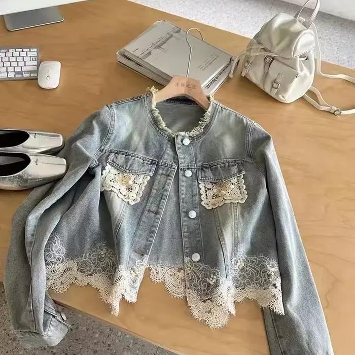 Veste en jean en dentelle Patchwork pour femmes, manteaux, ample, Style coréen, paresseux, Chic, nou