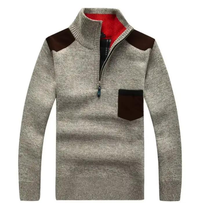Pull à col montant pour hommes, pull en tricot décontracté avec poche contrastée, patchs d'épaule, d
