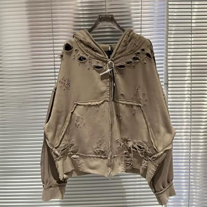 High Street Hip Hop détruire corroché sweat à capuche avec fermeture éclair hiver hommes femmes de h