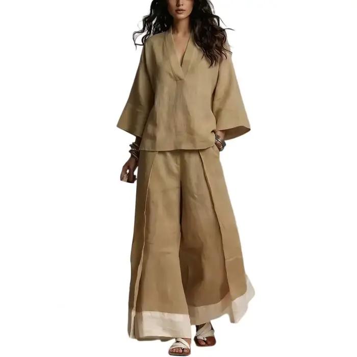 Ensemble de salon 2 pièces pour femme, color block, col en V, manches 3/4, pantalon large, tenue déc