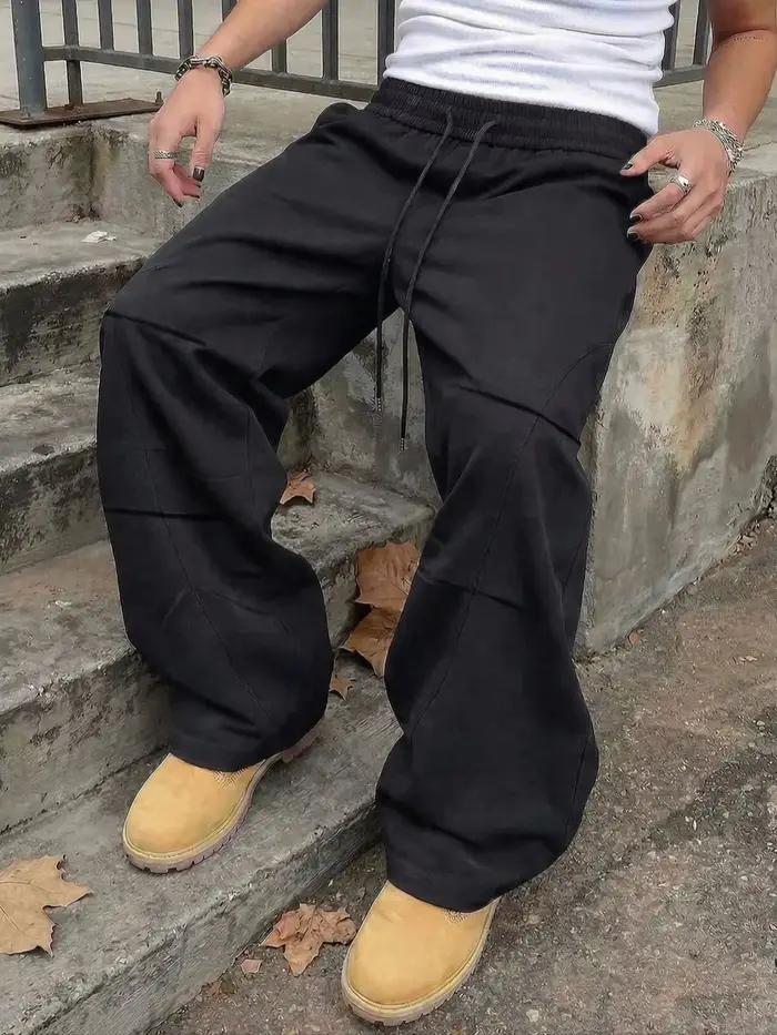 Pantalon à jambes larges pour hommes, couleur unie avec poches, plissé, coupe ample, automne, pantal