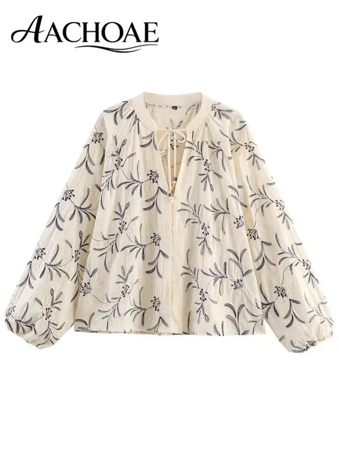 AACHOAE Blouse en coton brodée florale pour femme, manches longues bouffantes, col en V, à nouer dev