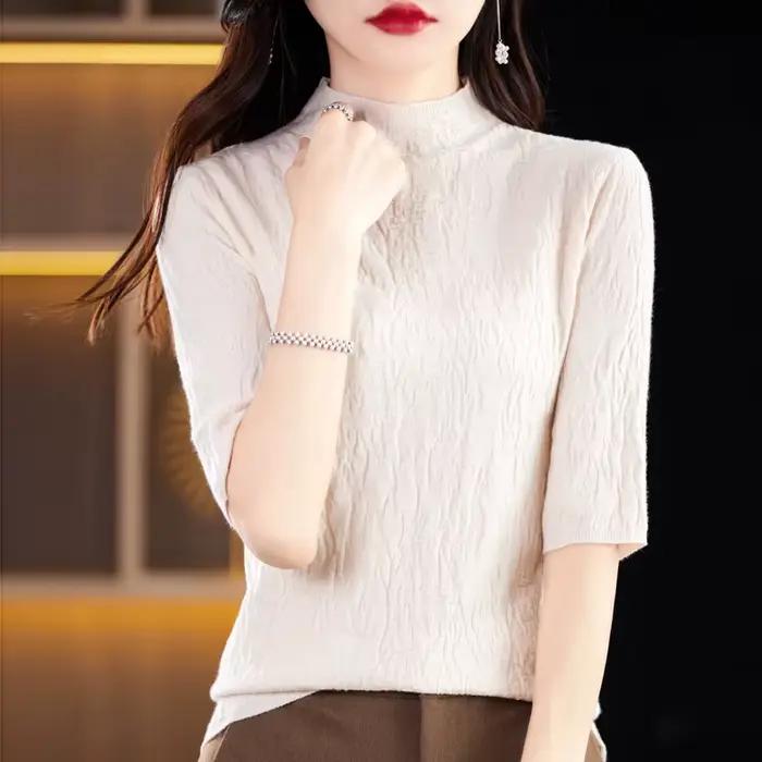 Pull à manches courtes et col montant pour femme, chemises tricotées, coupe cintrée, à rayures, haut