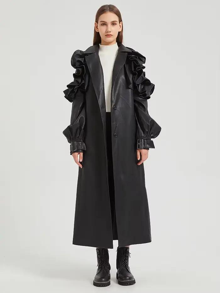 Lautaro printemps automne Long à volants doux en cuir Pu Trench manteau pour les femmes ceinture élé