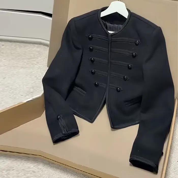 Veste courte noire tendance pour femmes, élégante, col rond, manches longues, double boutonnage, man