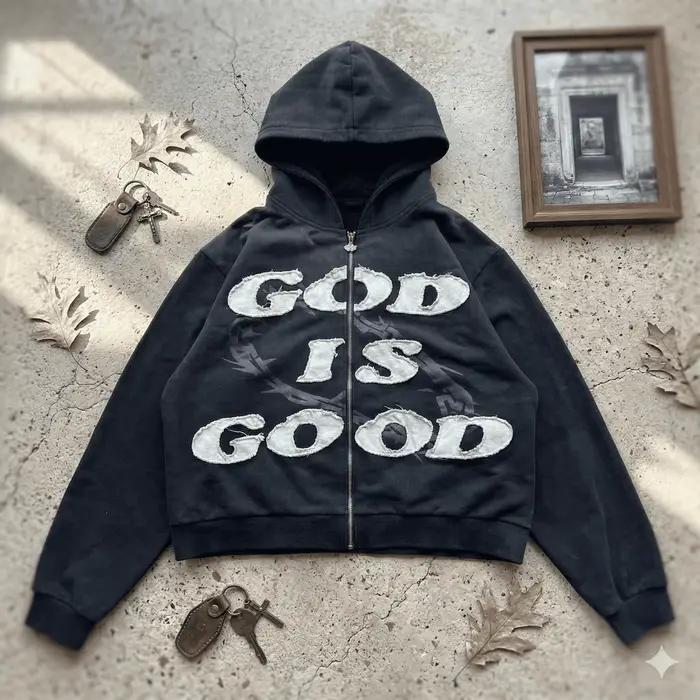 Sweat à capuche streetwear unisexe – Sweat-shirt à capuche avec fermeture éclair brodée de lettres d