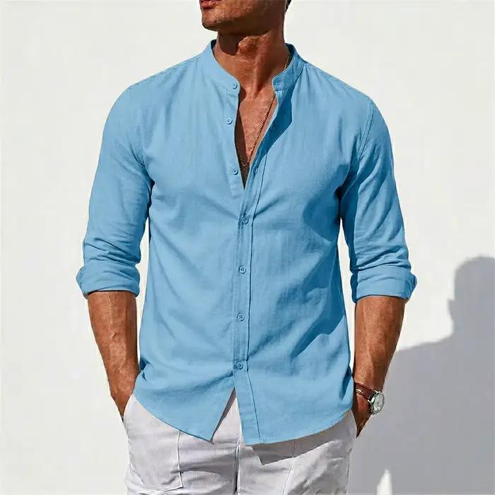 Chemise à manches longues pour homme en lin et coton, style hawaïen, pour la plage et le travail, un