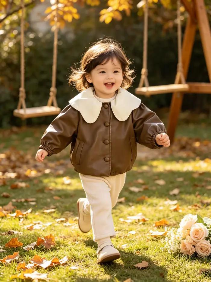 Veste en cuir PU pour filles, couleur caramel vintage, grand col, vêtements d'extérieur pour bébé fi