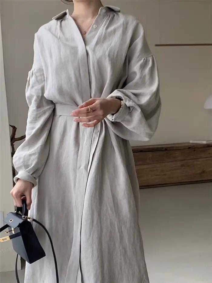 REALEFT-Robe Longue et Droite pour Femme, Chemise Vintage, Ceinture, Manches Bouffantes, Couleur Uni