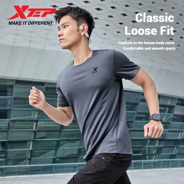 Xtep T-Shirt à manches courtes et col rond pour hommes, séchage rapide, entraînement sportif, respir