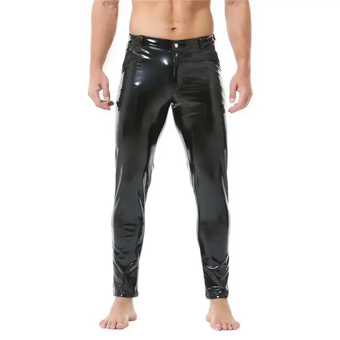 Pantalon en Latex pour hommes, brillant, aspect mouillé, en cuir PVC, à la mode, Slim, droit, pour d