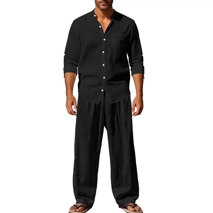 Survêtement 2025 saisons lin hommes décontracté ample respirant à manches longues pantalon chemise p