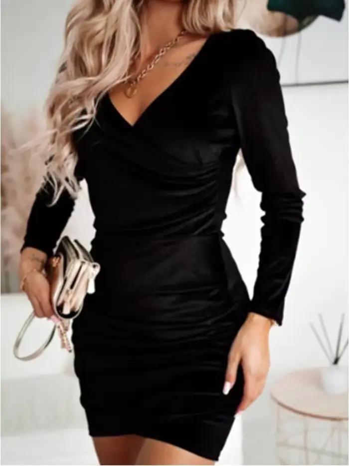 Robe de soirée élégante européenne pour femme, vêtement de mode, col en V, manches longues, velours,