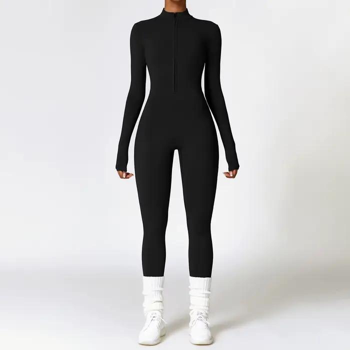 Vêtements de sport une pièce à manches longues pour femmes, barboteuse de Yoga à fermeture éclair, c