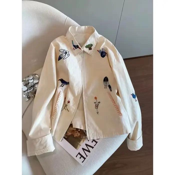 Veste fine vintage américaine brodée de fleurs et d'oiseaux pour femme, décontractée, ample, polyval