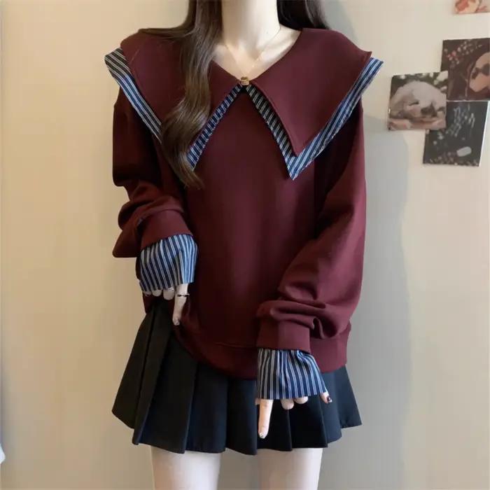 Nouveau Sweat-shirt Col Claudine Style Collège pour Femme Grande Taille, Tendance, Effet Deux Pièces