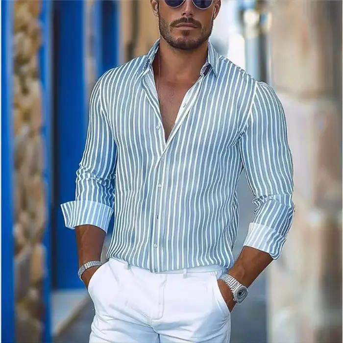 Chemises hawaïennes à motifs rayés colorés pour hommes, chemises à revers à manches longues, chemisi