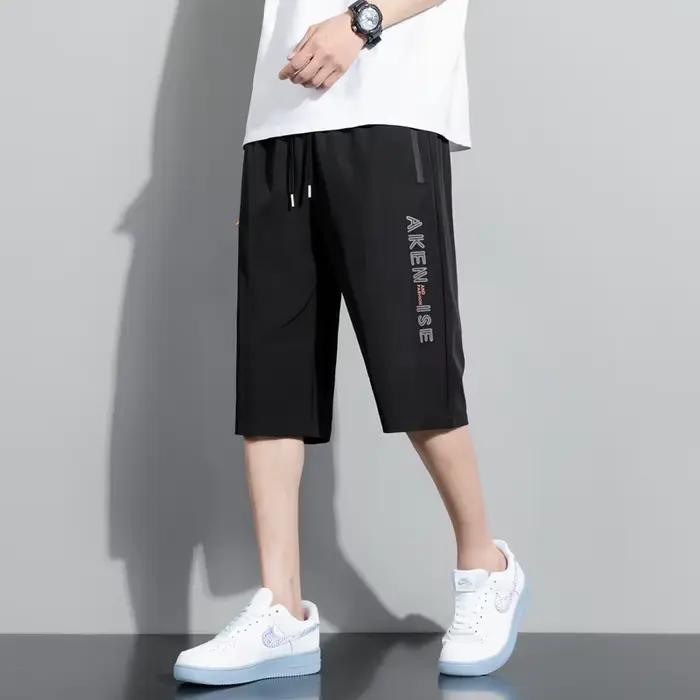 Bas d'été pantalon en soie glacée hommes respirant léger mollet longueur pantalon de survêtement cou