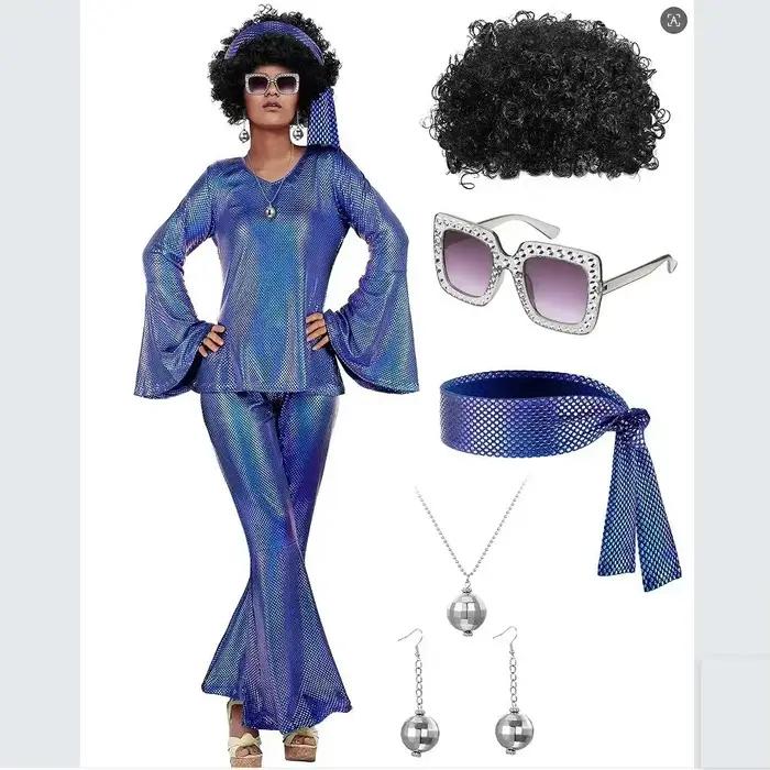 Costume de fête disco années 70 pour femme : haut, pantalon, lunettes de soleil, collier, boucles d'