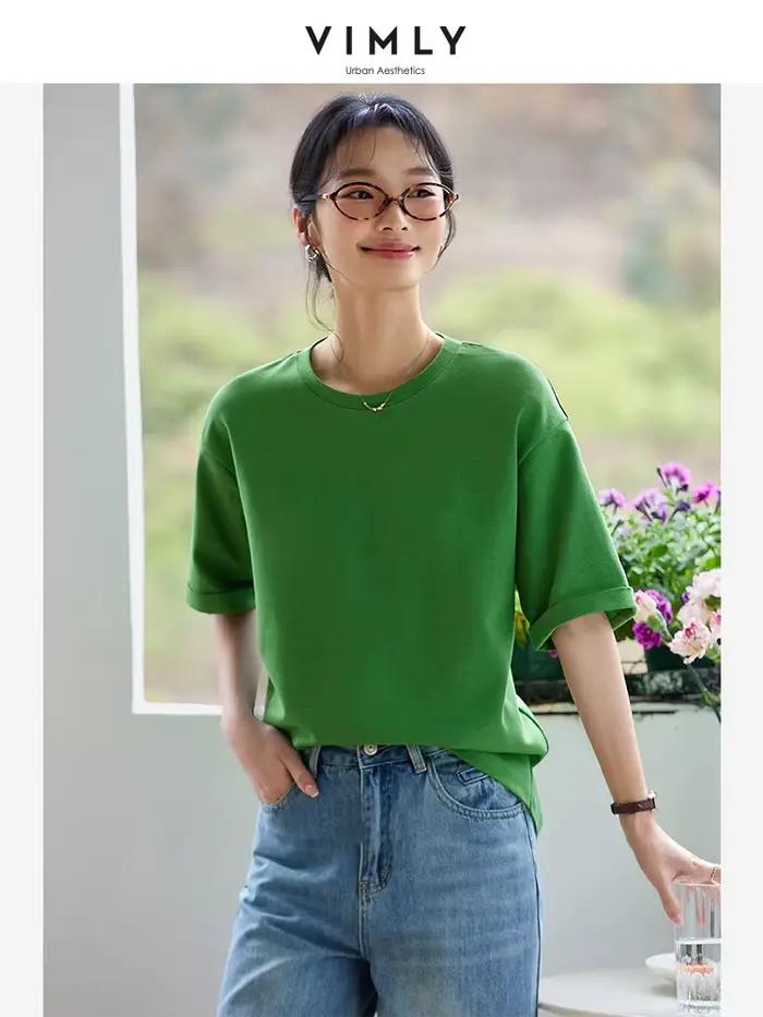 T-shirt d'été en coton vert VIMLY pour femme, hauts décontractés à manches courtes pour femmes, T-sh
