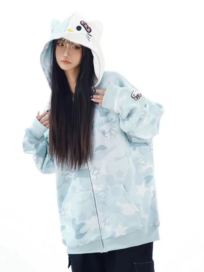 Sweat à capuche Hello Kitty, nouveau cardigan kawaii pour fille, style Y2K, veste camouflage anime, 
