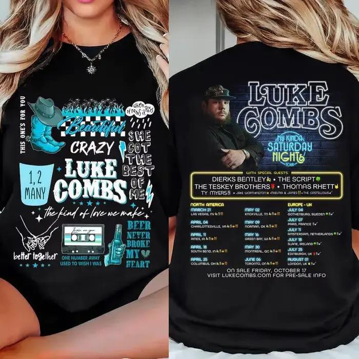 T-shirt Luke Combs My Kinda Saturday Night Tour pour hommes et femmes, vêtements d'été en coton, mod