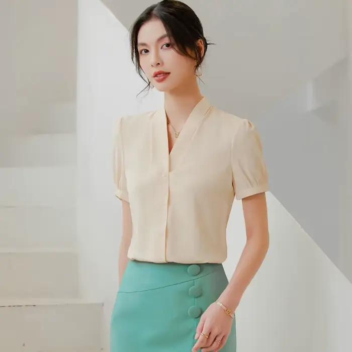NAVIU-Chemisiers en mousseline de soie à manches courtes pour femmes, col en V, blanc, tenue de bure
