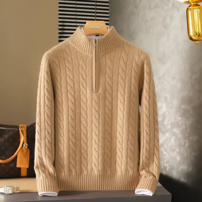 Pull Double en cachemire pur 100% épais pour hommes, demi-fermeture éclair, couleur unie, col montan