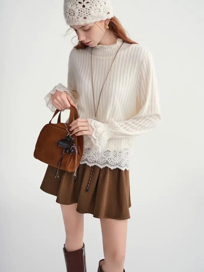 DUSHU T-shirt à fond doux femmes 2025 vêtements d'automne et d'hiver pulls porter fée haut en dentel