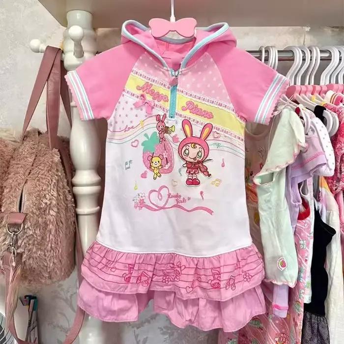 Vêtements japonais Kawaii pour fille, rose, doux, lapin Piano, t-shirt à capuche, manches courtes, j