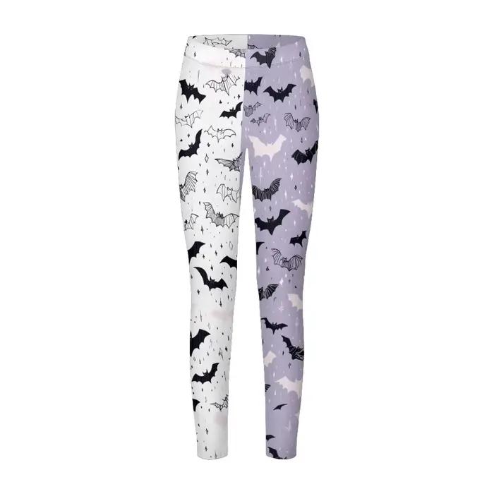 Leggings étoile chauve-souris bicolore pour femmes, demi-blanc, demi-violet, imprimé gothique mystér