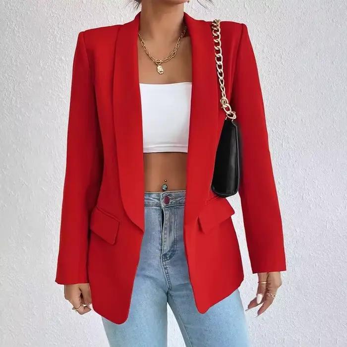 Pardessus monochrome pour femmes, veste à revers, grand manteau, vêtements d'extérieur, blazer, card