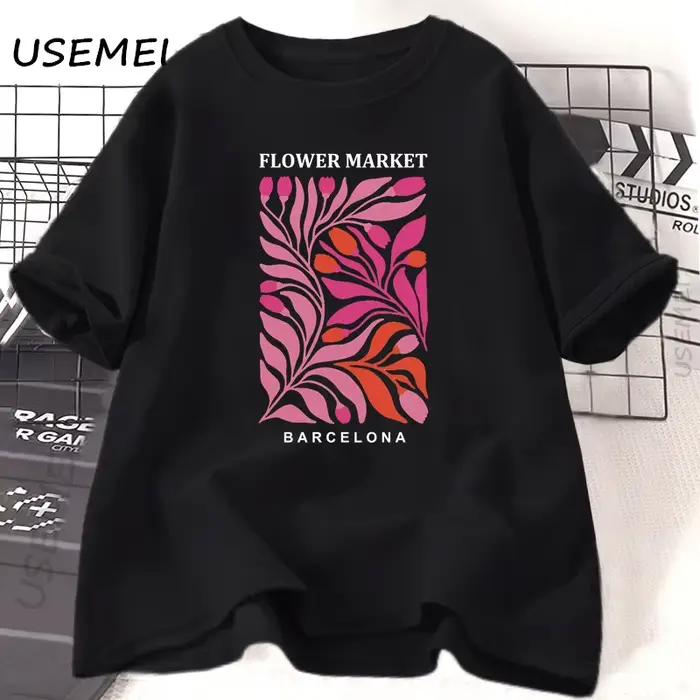 Marché des fleurs Barcelone T-shirt femme coton fleur T-shirt décontracté à manches courtes col rond