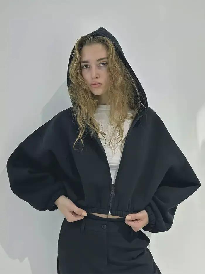 Veste courte à capuche zippée pour femme, cardigan court, surcoat ample à manches longues, chemise d