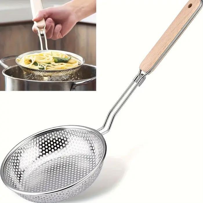 Passoire en acier inoxydable avec manche en bois, écumoire à mailles fines, cuillère pour la cuisson