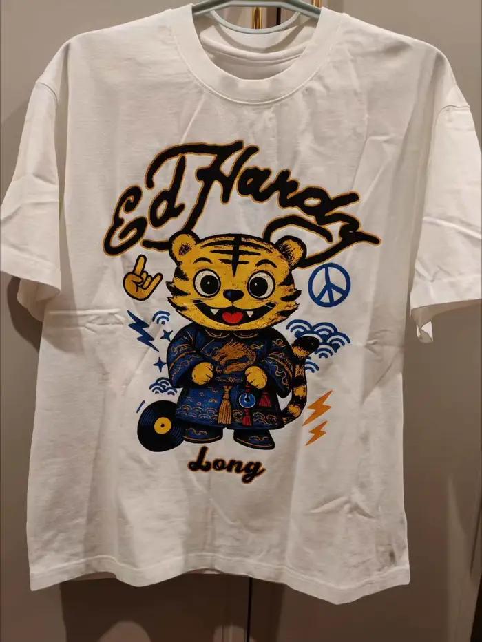 T-shirt homme vintage rétro à manches courtes noir, style Y2K, reprise de l'imprimé Ed Hardy, street