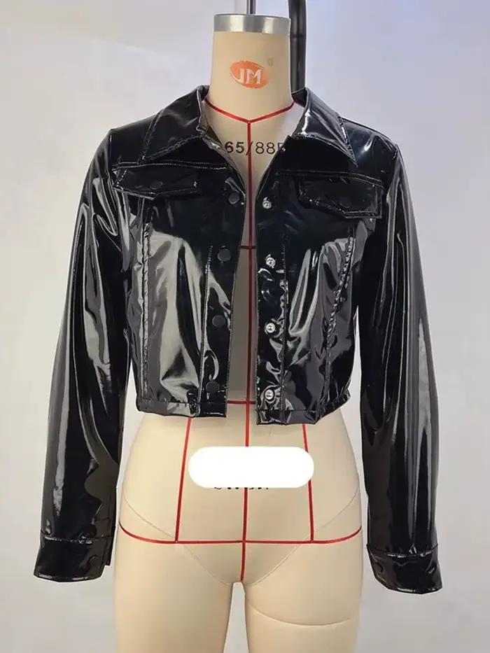 T-shirt à manches longues en PVC, cuir PU brillant, veste à simple boutonnage, col rabattu, manteau 