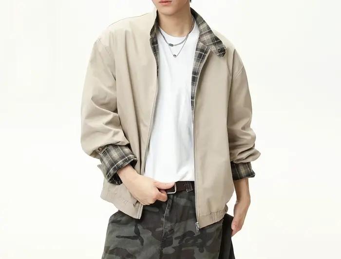 Veste à carreaux double face 2026 Printemps-Automne, style streetwear décontracté et utilitaire