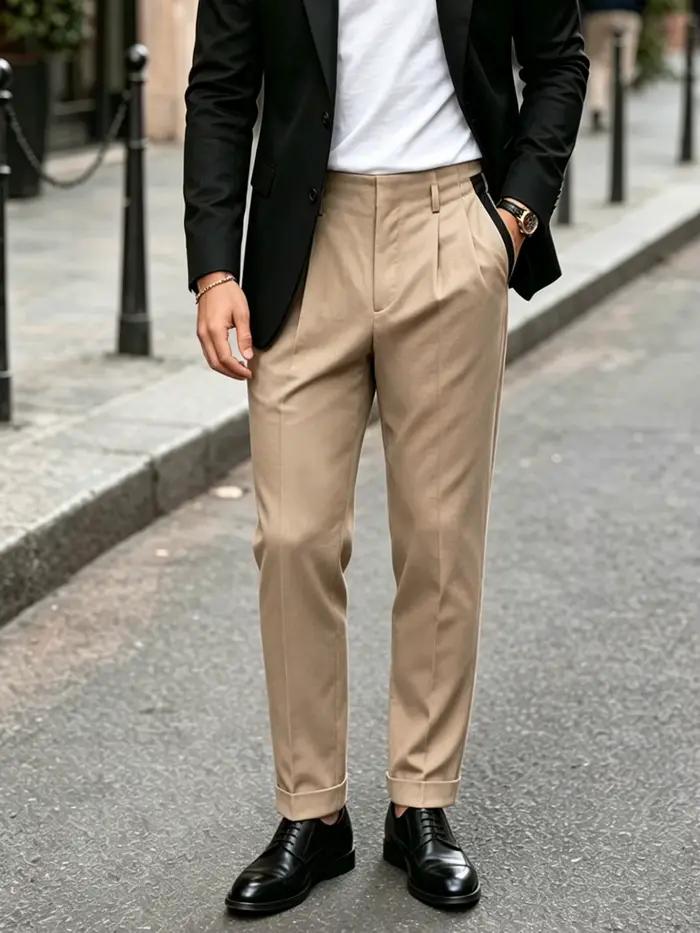Pantalon de bureau élégant pour homme, pantalon droit ample à taille contrastée pour le printemps et