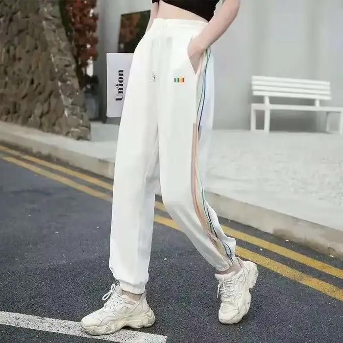 FJFOR-Pantalon de jogging blanc pour femme, fitness, taille élastique, vêtements pour femmes, survêt