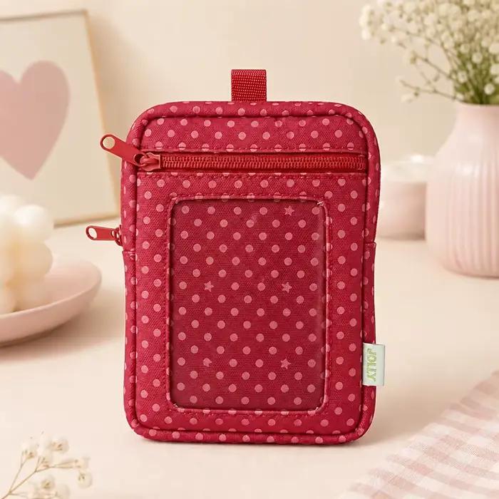 Porte-monnaie rouge à pois style rétro en toile avec fenêtre transparente, pochette légère et lavabl