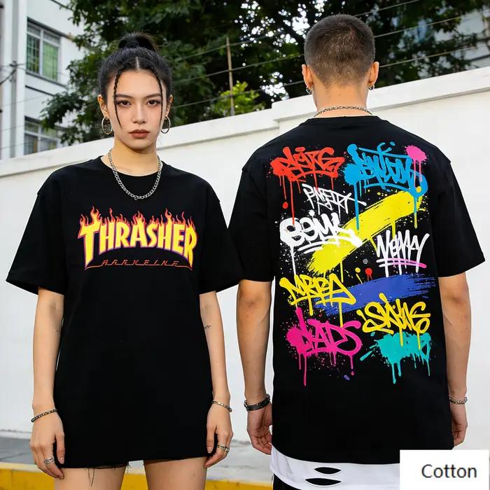T-shirt officiel avec logo Flame, tee-shirt rétro streetwear en pur coton, haut unisexe avec imprimé