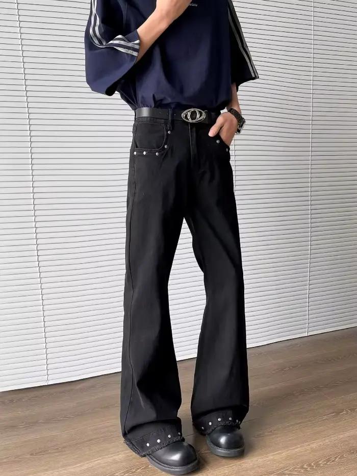 2026 Vêtements Y2K : Jean évasé noir slim à rivets pour hommes et pantalon long décontracté coréen p