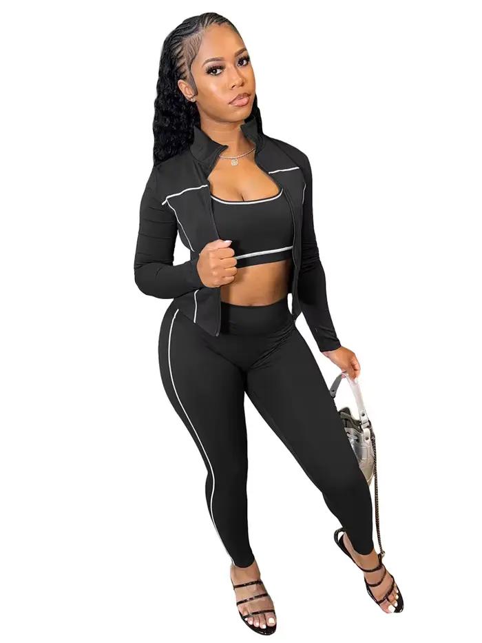 Automne 2025 mode survêtement 3 pièces ensembles femmes Streetwear rayure Patchwork à manches longue