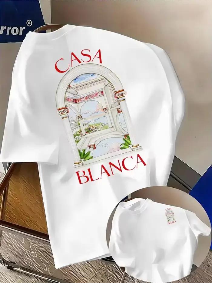 Nouveau T-shirt graphique architectural esthétique Casablanca 2026, décontracté à col rond et manche