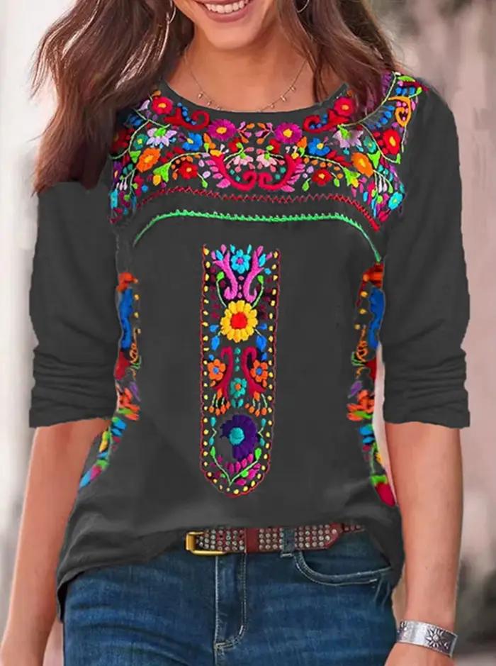 T-shirt à manches longues col en V imprimé bohème pour femme, collection Printemps/Été 2024, haut te