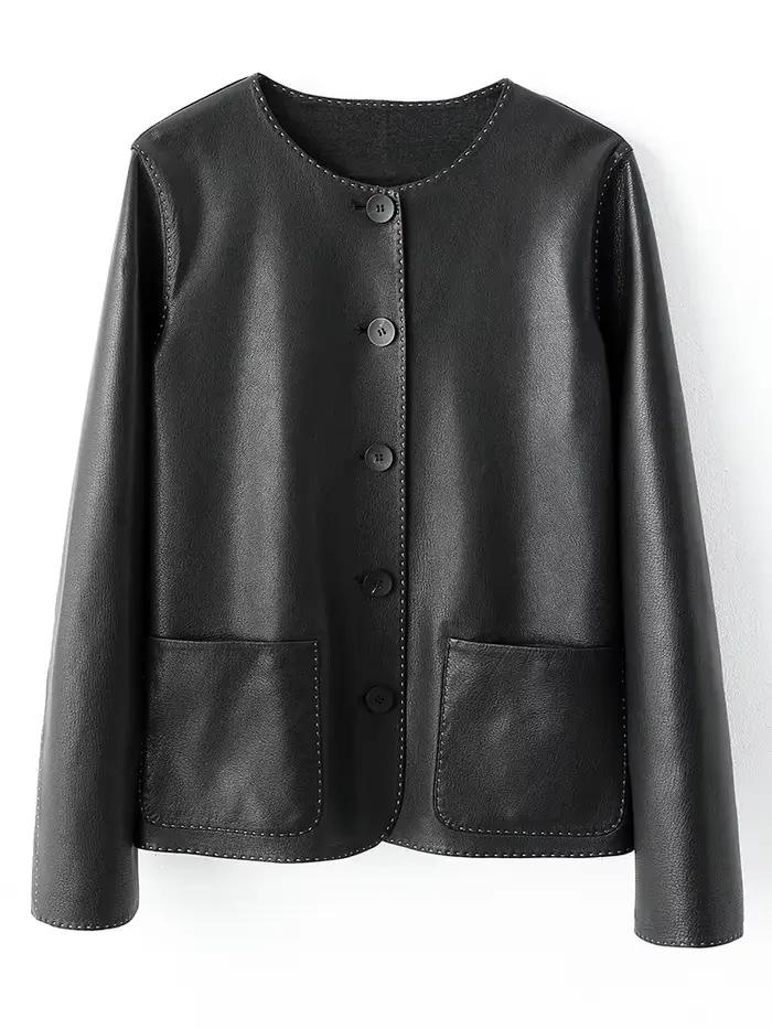 Vestes décontractées en cuir véritable pour femmes, col rond, haut de gamme, Simple, solide, doux, D