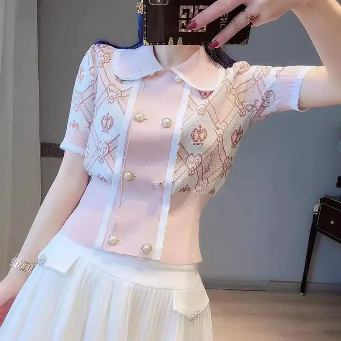 Cardigan court en tricot rose pour femme, haut de gamme, vêtements d'été, t-shirts à double boutonna